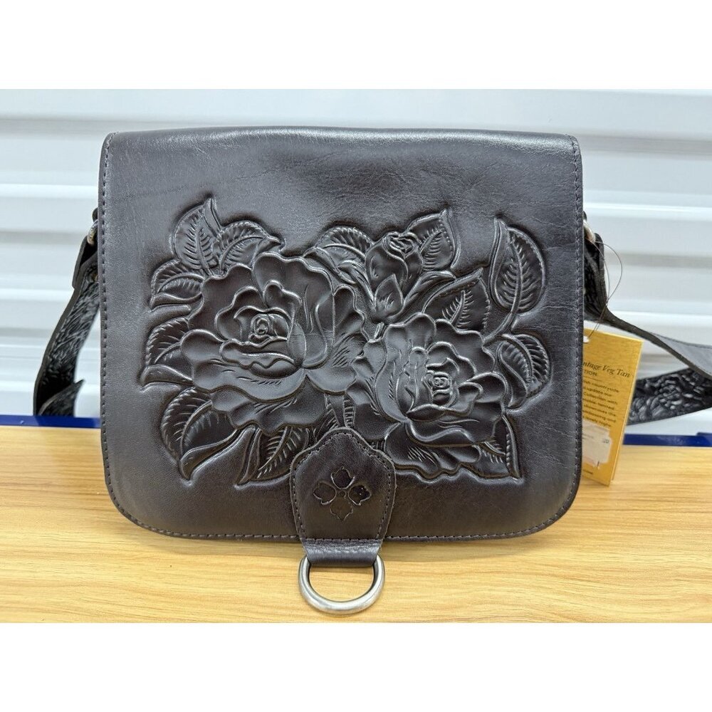 New- Patricia Nash ILINA Rose - Tooled Floral Crossbody Bag- BLACK RARE PURSE!